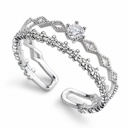 Elegant Double-Layer Zircon Floral Open Ring for Women